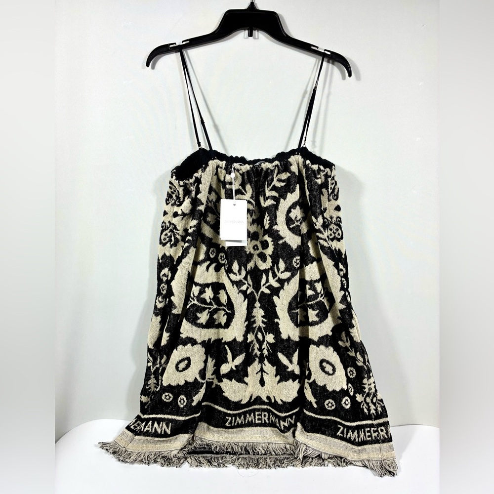 Zimmermann Rhiannon Fringed Terry Cloth Mini Dress Black Cream US 10 AU 3 NWT - Picture 6 of 17